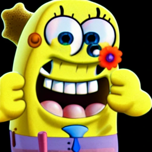 sponge bob troll face, 3d, insane graphics, insanely realistic details, highly detailed face, full square body, yellow body, two feet wearing brown shopes, body has multiple holes, naked, big 
 dick, high graphics, looks big penis, 8k, background is binky bottom
