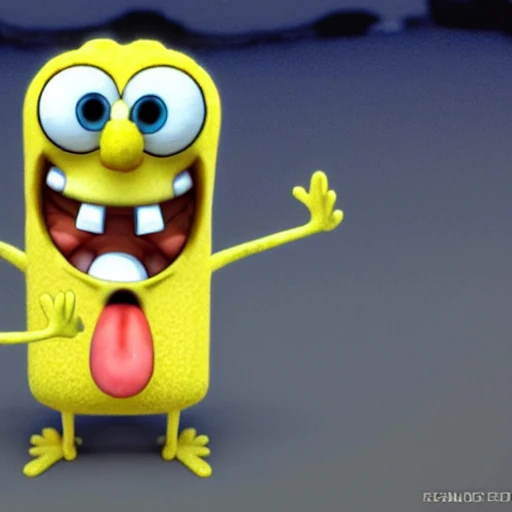 sponge bob troll face, 3d, insane graphics, insanely realistic details, highly detailed face, full rectangle body, yellow body, two feet wearing brown shoes, body has multiple holes, naked, big dick, high graphics,  8k, background is binky bottom
