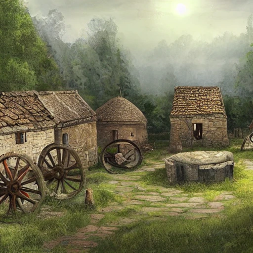 small medieval village, circular huts, grimdark, illustration, landscape, oil painting, kingdom come delivarence concept art, realistic