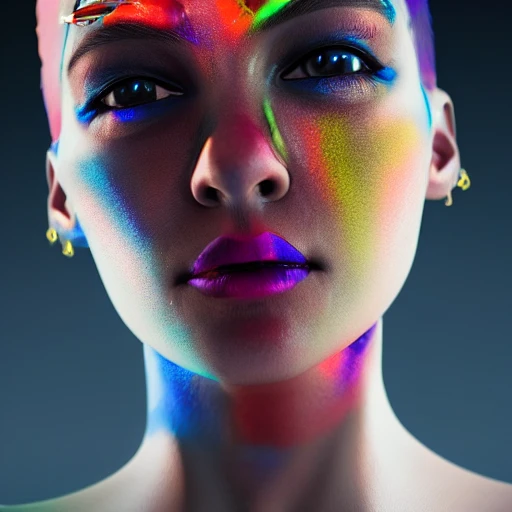 side close up portrait of 1 woman  girl, detailed face, spotlight, cyberpunk city, wired, multicolored, vibrant high contrast, hyperrealistic, photografic, 8k, epic ambient light, octane render styl David Bignolet photographer