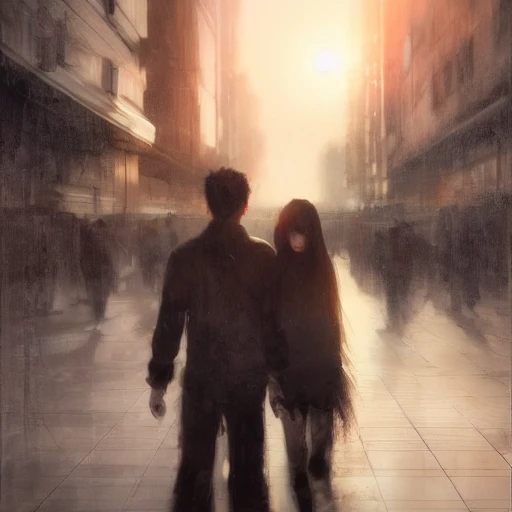 Ruan Jia, night, high-detail human face, black-haired young man, black-haired beauty, holding hands, Japanese, 4K, light and shadow, city with sunset in the background