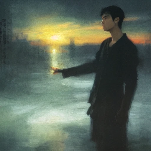 Ruan Jia, night, high-detail human face, black-haired young man, black-haired beauty, holding hands, Japanese, 4K, light and shadow, city with sunset in the background