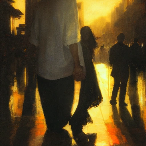 Ruan Jia, night, high-detail human face, black-haired girl, black-haired man, holding hands, Japanese, 4K, light and shadow, city with sunset in the background