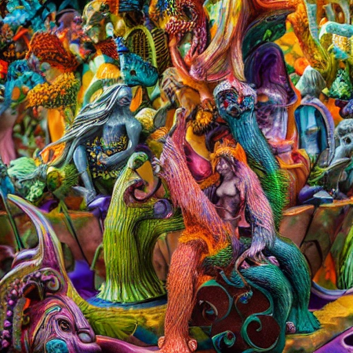 giant colourful tiny intricate variations of detail cool beautiful creature sculpture, full deep focus maximalist photography, hieronymus bosch, reflections, 8 k 