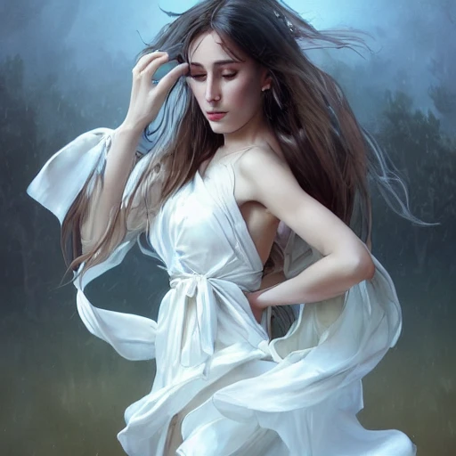 White silk dress, ribbon, pretty, goddess beauty, autumn background, photogenic, double eyelids, flying hair, brown pupils, head and shoulders portrait, 8k resolution concept art centered portrait, by Greg Rutkowski, Artgerm, WLOP, Alphonse Mucha Dynamic Lighting hyperdetailed Intricate Splash Art Trends on Artstation Tricolor Unreal Engine 5, Neon Atmosphere, Abstract Black Oil, Gear Mechanics, Detailed Acrylic, Grunge, Intricate, Rendered in Unreal Engine, Realistic