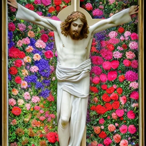 Christ en extase dans un cadre de fleurs colorées