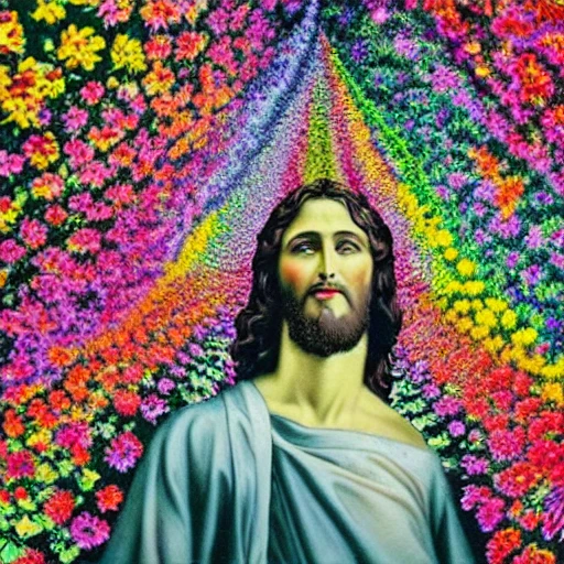 Christ en extase dans un cadre de fleurs colorées, Trippy