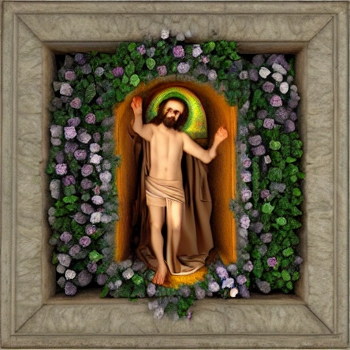 Christ en extase dans un cadre de fleurs colorées, 3D