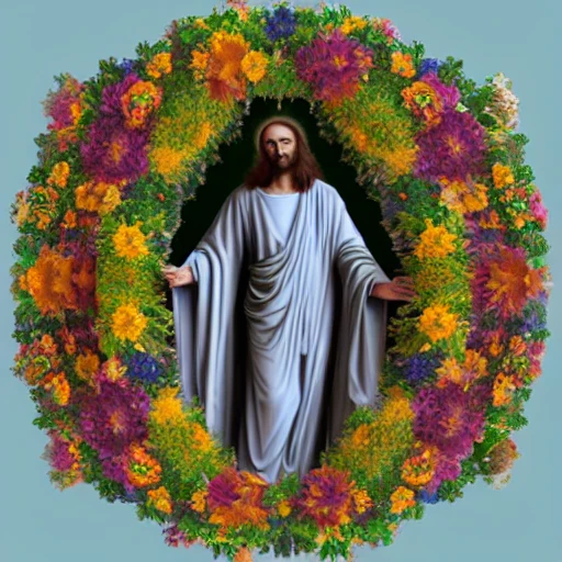 Christ en extase; dans un cadre de fleurs colorées, 3D