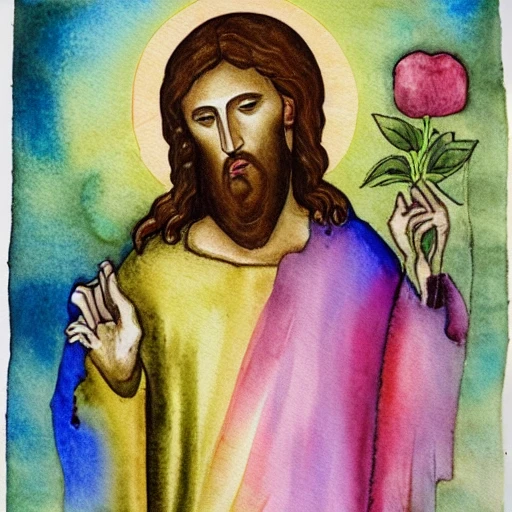 Christ en extase; dans un cadre de fleurs colorées, , Water Color