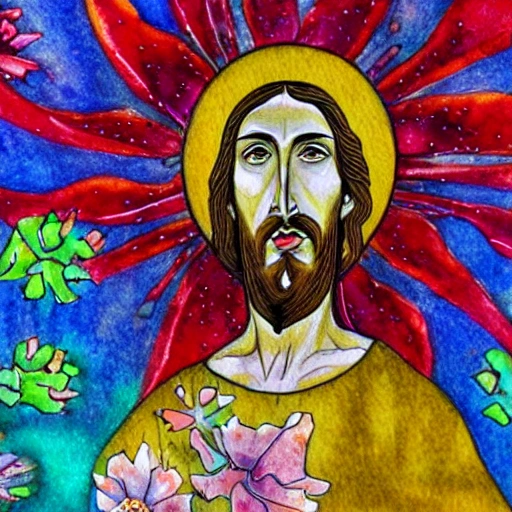 Christ en extase; dans un cadre de fleurs colorées, , Water Color, Cartoon, Water Color, Trippy, 3D, Pencil Sketch