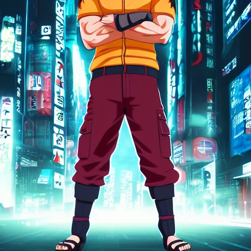 full body portrait of Naruto, looking at camera, insanely realistic ,highly detailed face, large muscles, 8 pecs, shiny, insanely realistic, chiseled jaw, very muscular, full body, dynamic standing pose, spotlight, cyberpunk city, wired, multicolored, vibrant high contrast, hyperrealistic, photografic, 8k, epic ambient light, octane render, 712 x 430, 