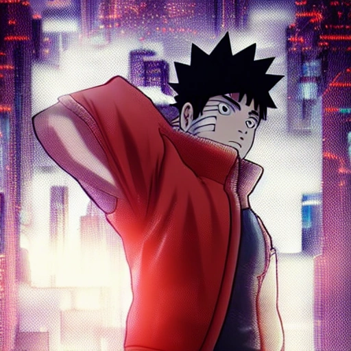 full body portrait of Naruto, looking at camera, insanely realistic ,highly detailed face, large muscles, 8 pecs, shiny, insanely realistic, chiseled jaw, very muscular, full body, dynamic standing pose, spotlight, cyberpunk city, wired, multicolored, vibrant high contrast, hyperrealistic, photografic, 8k, epic ambient light, octane render, 712 x 430, 