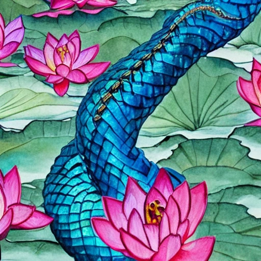 water color, vivid detail, long Chinese dragon that is weaving in and out of lotus flowers