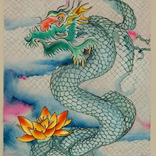 water color, vivid detail, long Chinese dragon that is weaving in and out of lotus flowers