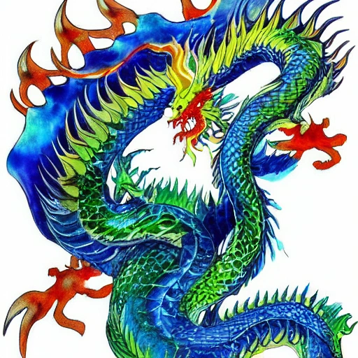 water color, vivid detail, long Chinese dragon spitting fire - Arthub.ai