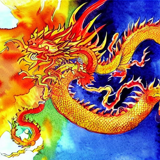 water color, vivid detail, long Chinese dragon spitting fire, ((orange and yellow scales))