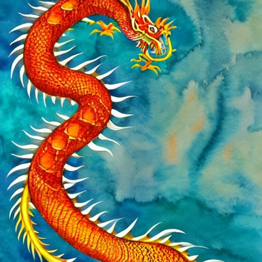 water color, vivid detail, long Chinese dragon ((orange and yellow scales)), ocean background