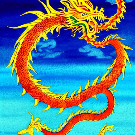 water color, vivid detail, long Chinese dragon ((orange and yell ...