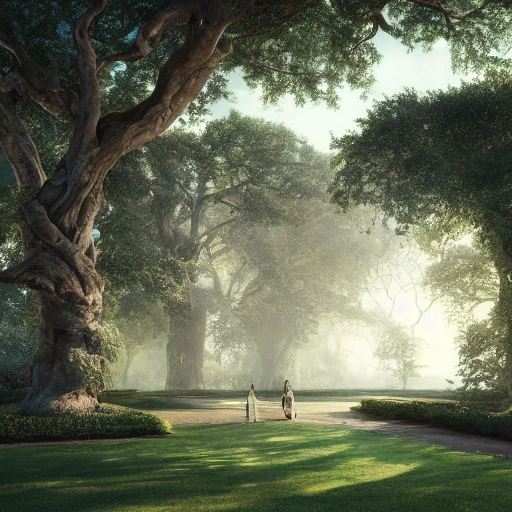 promenade in a grand garden with ancient trees, perfect composition, beautiful detailed intricate insanely detailed octane render trending on artstation, 8 k artistic photography, photorealistic concept art, soft natural volumetric cinematic perfect light, chiaroscuro, award - winning photograph, masterpiece, oil on canvas, raphael, caravaggio