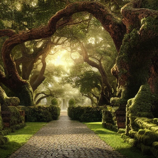 long promenade in a grand garden with ancient trees lining a cobblestone path, perfect composition, beautiful detailed intricate insanely detailed octane render trending on artstation, 8 k artistic photography, photorealistic concept art, soft natural volumetric cinematic perfect light, chiaroscuro, award - winning photograph, masterpiece, oil on canvas, raphael, caravaggio
