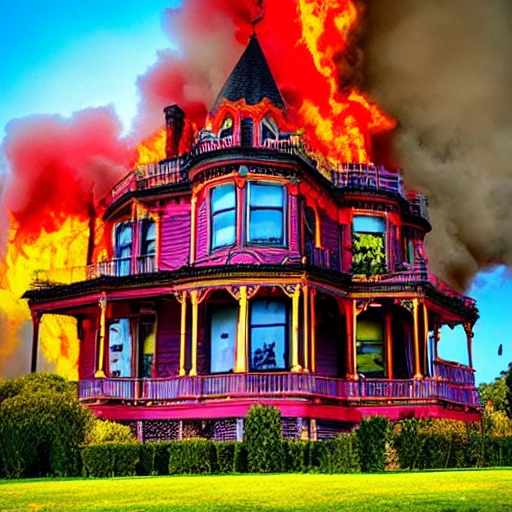 Victorian house, colorfull, on fire