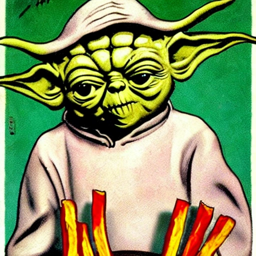 Yoda eats french fries, Dali style, Cartoon