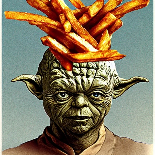 Yoda eats french fries, Dali style + iris van herpen style, Cartoon