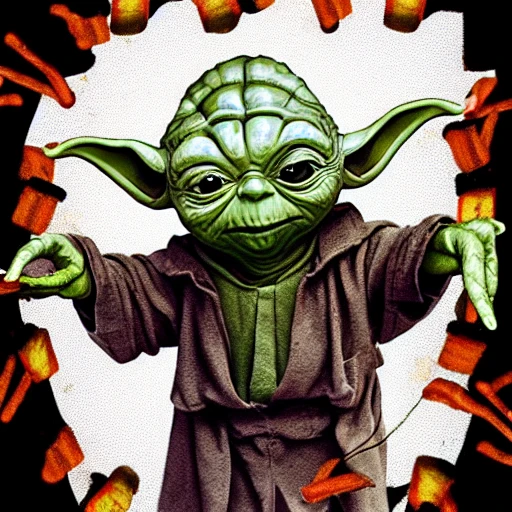 Yoda eats french fries, Dali style + Tim burton  style, 3D