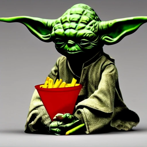 Yoda eats french fries, Dali style + Tim burton  style, 3D