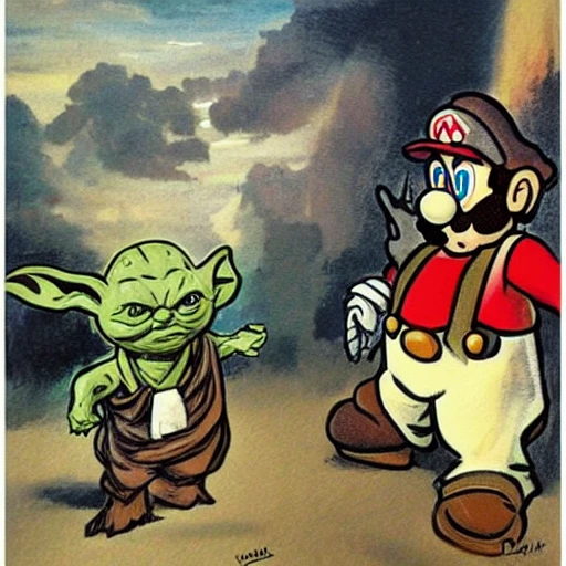 Mario  attacks  yoda, Cartoon, Delacroix style, Cartoon