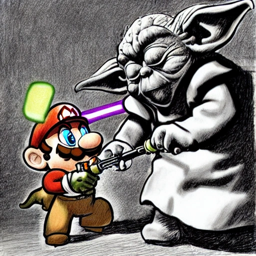 Mario  attacks  yoda with a lightsaber, Cartoon, Delacroix style, Cartoon