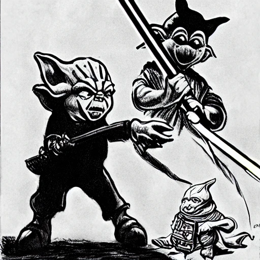 Mario  attacks  yoda with a lightsaber, Cartoon, Delacroix style, Cartoon