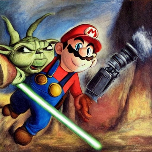 Mario  attacks  yoda with a lightsaber, Cartoon, Delacroix style, Oil Painting