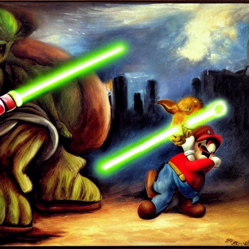 Mario  attacks  yoda with a lightsaber, Cartoon, Delacroix style, Oil Painting