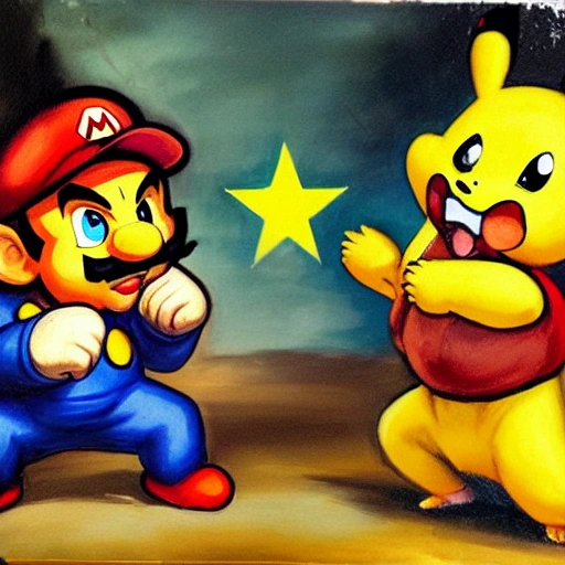 kung fu battle Mario vs Pikachu, Delacroix style, Oil Painting