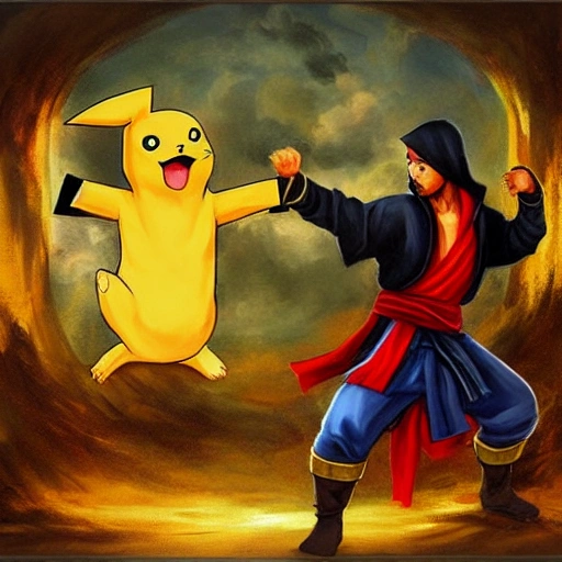 kung fu battle assassin's creed esio vs Pikachu, Delacroix style, Oil Painting