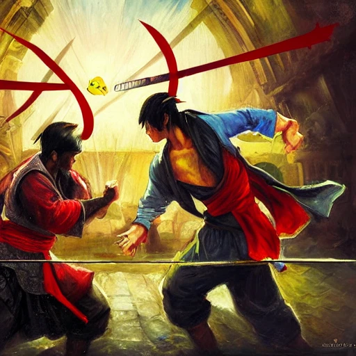 kung fu battle assassin's creed esio vs Pikachu, Delacroix style, Oil Painting, 3D