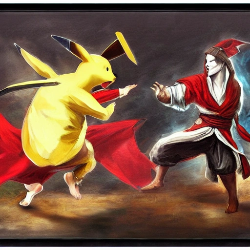 kung fu battle assassin's creed Ezio vs Pikachu, Delacroix style, Oil Painting, 3D