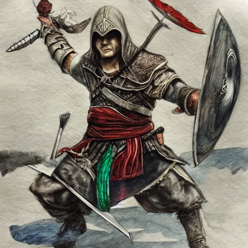 assassin's creed fighting Vikings, Water Color, Oil Painting, Pencil Sketch, 3D, Cartoon, Trippy