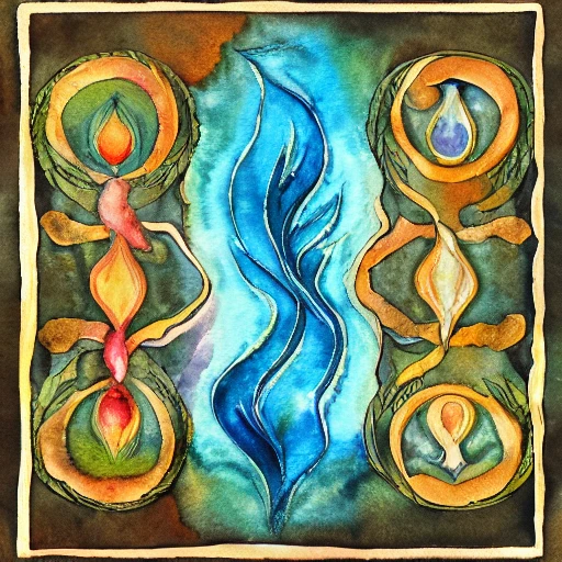 the elements, fire, earth, air, and water, as rendered in octane, symmetrical, watercolor, painterly, Raphaelite