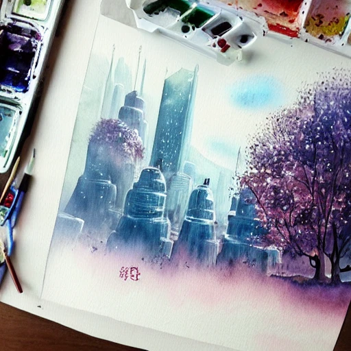 Beautiful happy picturesque charming sci-fi city in harmony with nature. Nature everywhere. Nice colour scheme, soft warm colour. Beautiful detailed watercolor by Lurid. (2022)