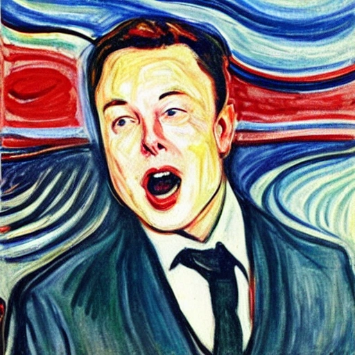 Elon musk screaming , Twitter birds, art by Edvard Munch, Oil Painting