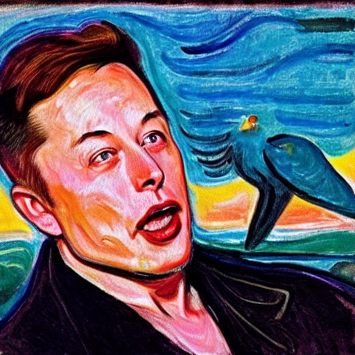 Elon musk screaming , Twitter birds flying around his head, art by Edvard Munch, Oil Painting
