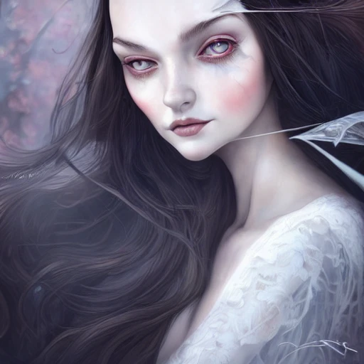 Academic figurative painting by anna dittmann, Rutkowski, Rey Artgerm, intricate detail, portrait, face, illustration, UHD, 4K, after Charles Addams, wednesday adams, gothic, dark, adams family, beautiful eyes, white skin and black hair, young lady