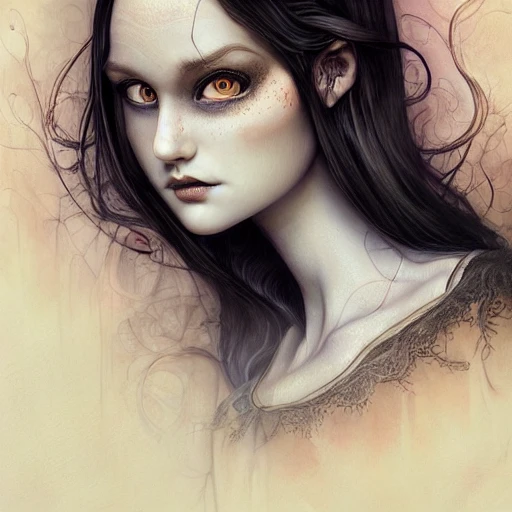 Academic figurative painting by anna dittmann, Rutkowski, Rey Artgerm, intricate detail, portrait, face, illustration, UHD, 4K, after Charles Addams, wednesday adams, gothic, dark,The Addams Family, beautiful eyes, white skin and black hair, young lady, tim burton 