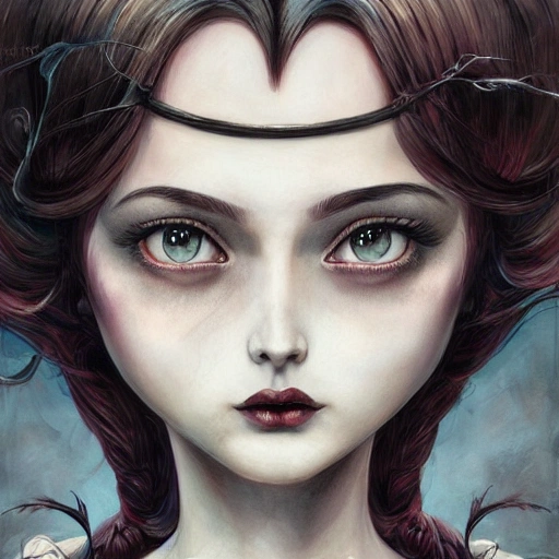 Academic figurative painting by anna dittmann, Rutkowski, Rey Artgerm, intricate detail, portrait, face, illustration, UHD, 4K, after Charles Addams, wednesday adams, gothic, dark,The Addams Family, white skin and black hair, young lady, tim burton 