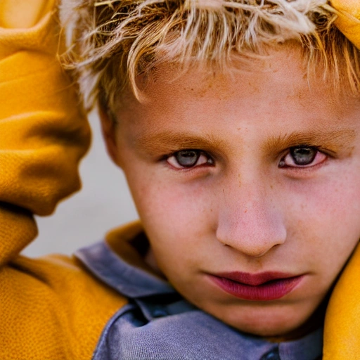 portrait of a boy with golden hair and a golden tongue, background of a desert with pyramids, beautiful photography, sony A7RII, 85mm, realistic, high detail, 8k --ar 9:16 --q 3