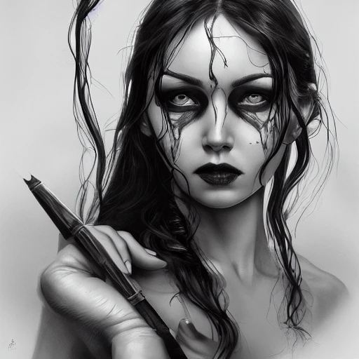 Academic figure painting by Rutkowski, Rey Artgerm, intricate detail, portrait, face, illustration, UHD, 4K, after Charles Addams, wednesday adams, gothic, dark, adams family, beautiful eyes, white skin and black hair, ultra realistic face,