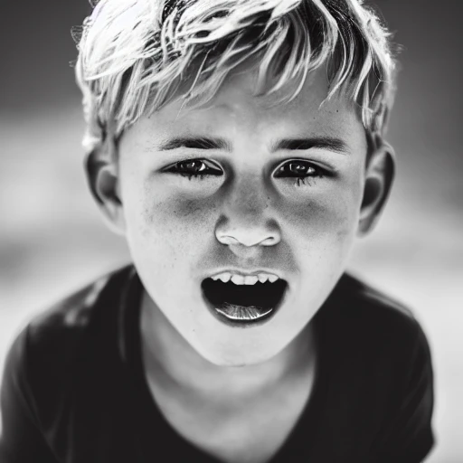 portrait of a boy with golden hair and a golden tongue, background of a desert with pyramids, beautiful photography, sony A7RII, 85mm, realistic, high detail, 8k --ar 9:16 --q 3, b&w